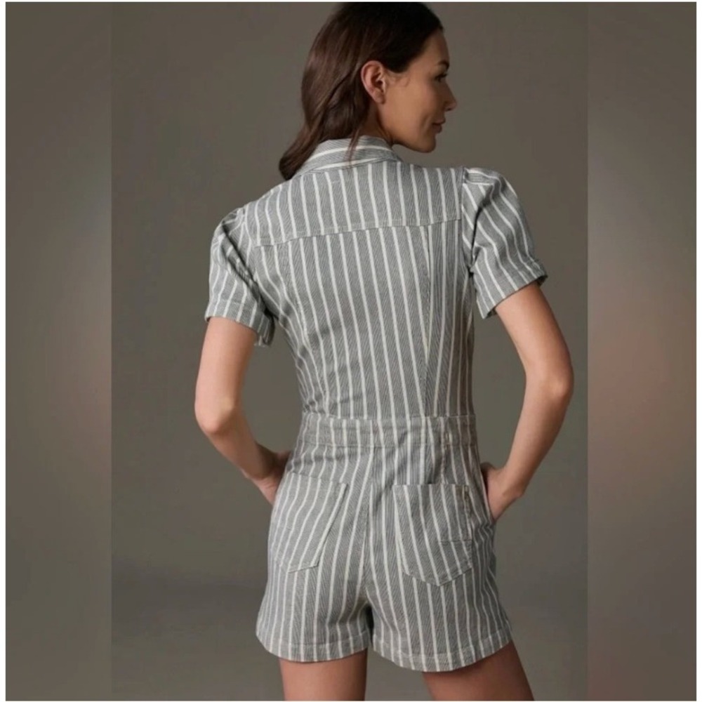 Anthropologie Pilcro Kit Utility Romper SZ 8 Stripe Coastal Preppy Nautical - Picture 2 of 9